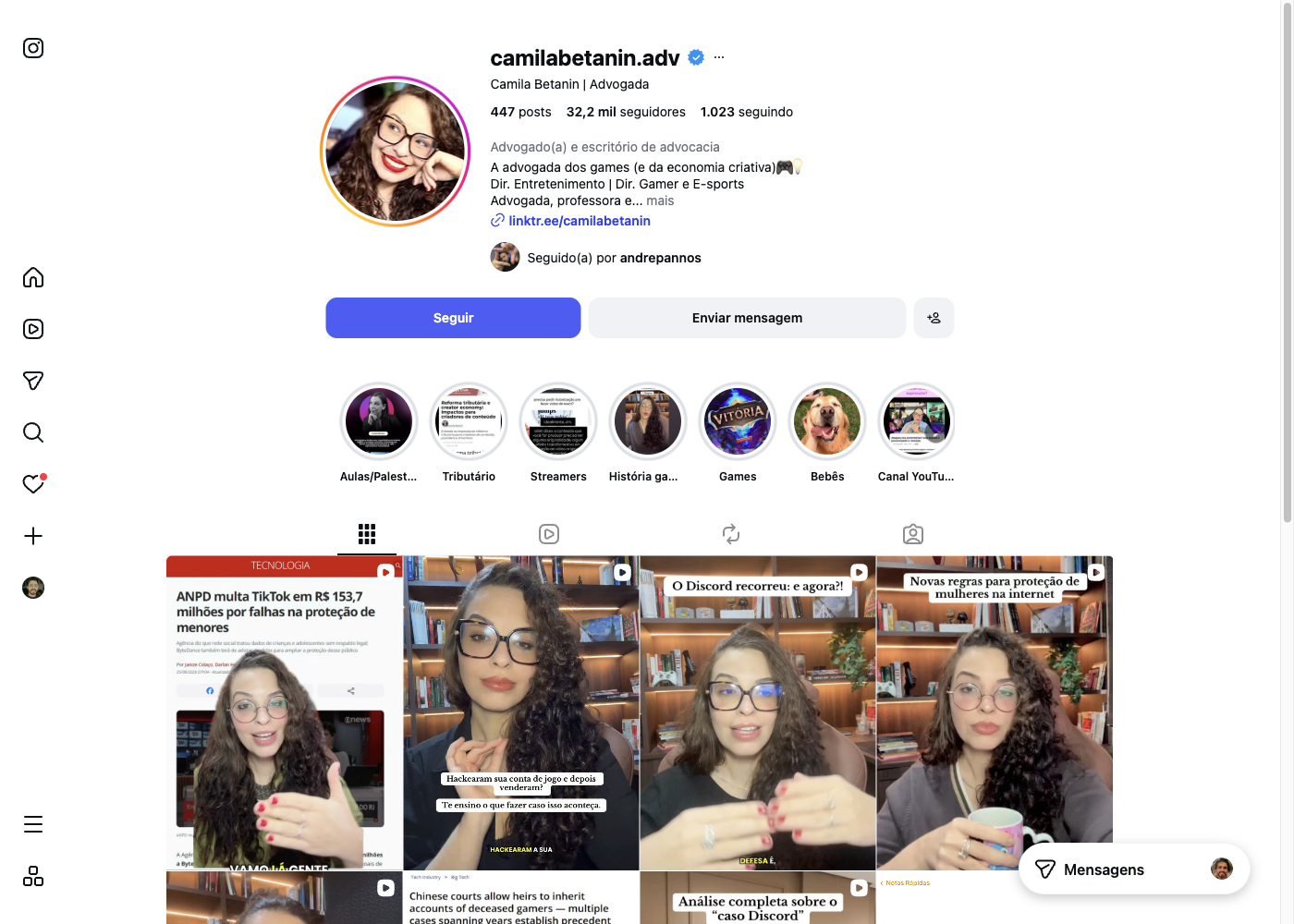 Perfil de Camila Betanin no Instagram